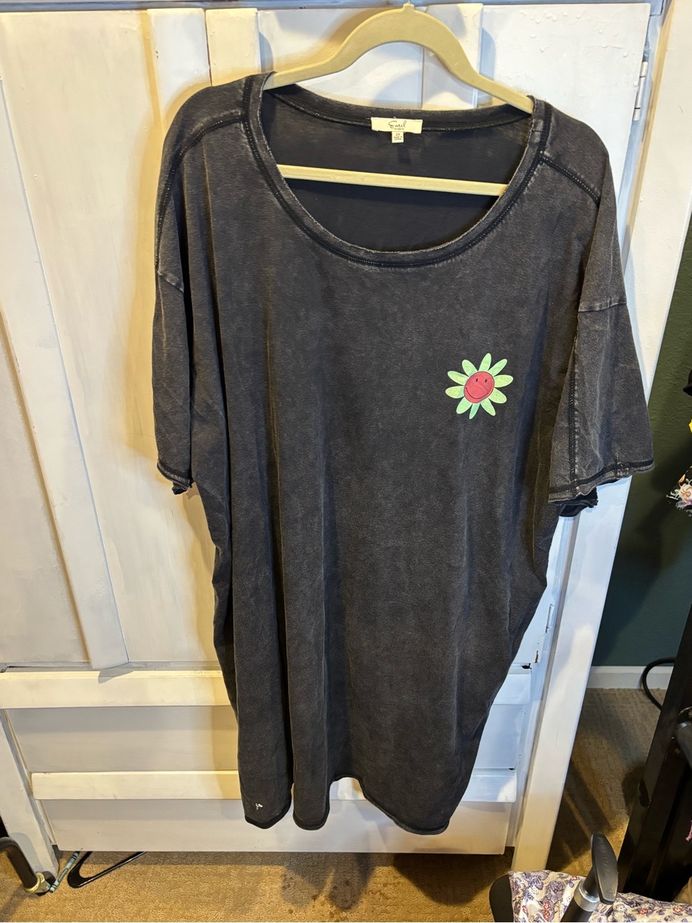 easel Washed Black Mini Dress with Green & Pink Daisy Patch
